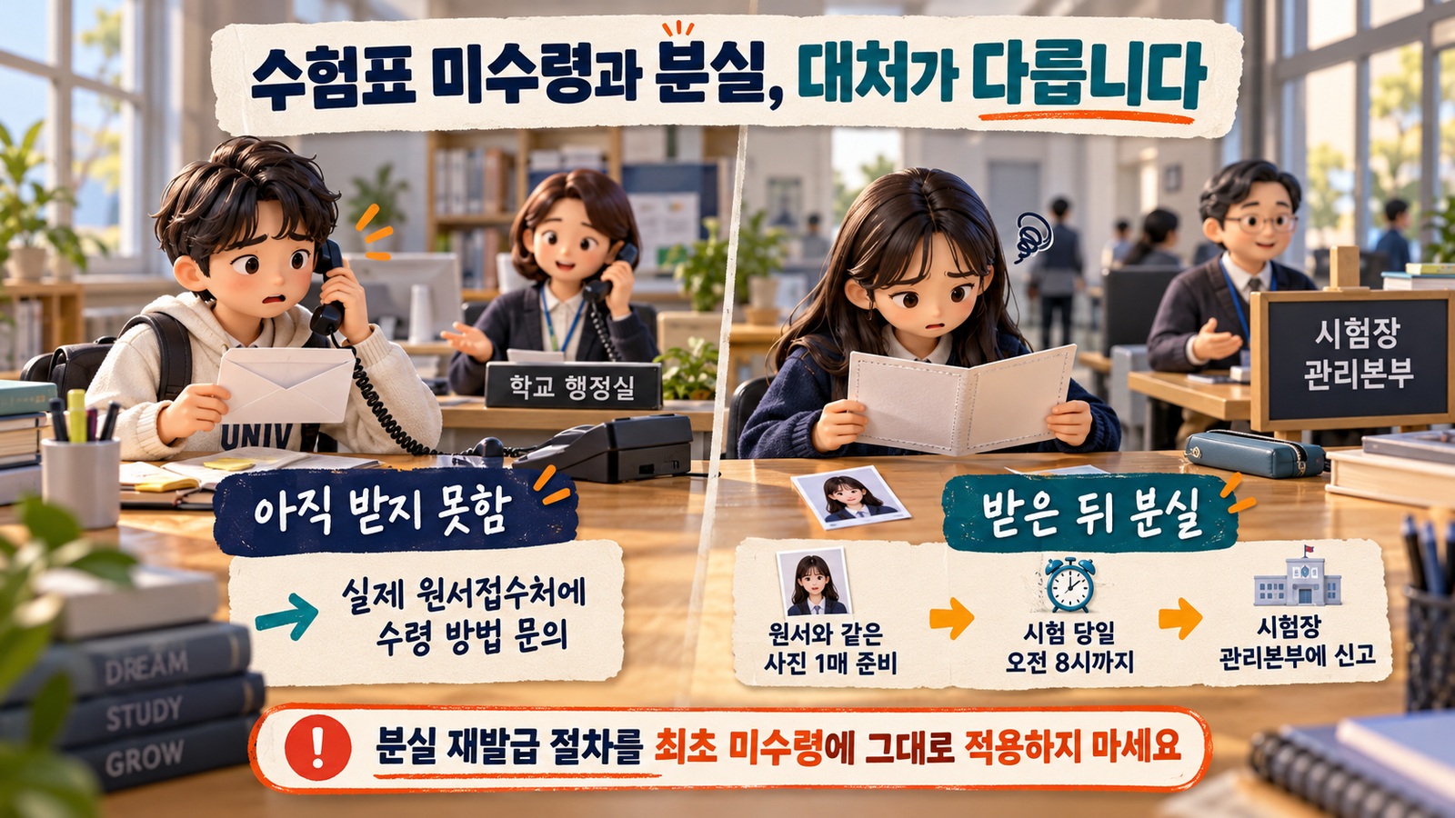 수험표를 처음 받지 못했다면 원서접수처에 문의하고 받은 뒤 분실했다면 같은 사진 한 매를 준비해 시험 당일 오전 8시까지 시험장 관리본부에 신고하는 차이를 설명한 인포그래픽