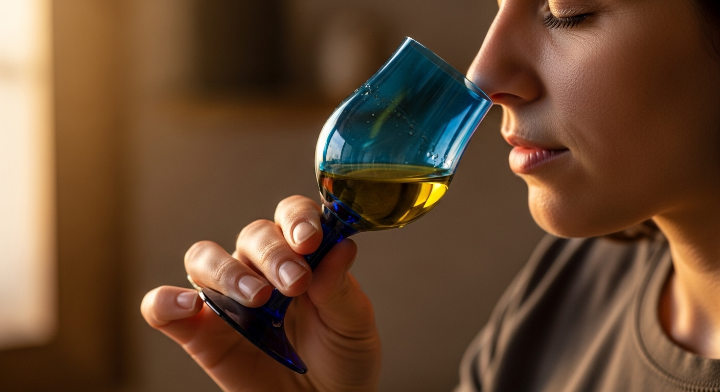 어두운 푸른색 테이스팅 잔에 담긴 올리브오일의 향을 맡으며 섬세하게 음미하는 사람의 모습. 올리브오일 테이스팅의 순간을 포착합니다.