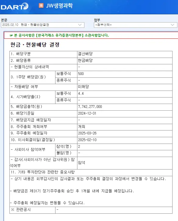 JW생명과학(234080) 2025년 배당금