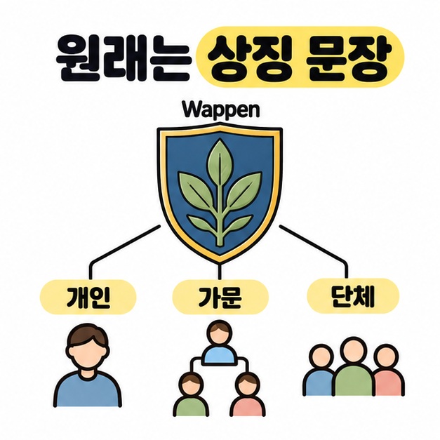 Wappen이라는 글자 아래 잎사귀 무늬의 방패 모양 문장을 그리고 개인과 가문, 단체를 나타내는 그림으로 연결한 도식