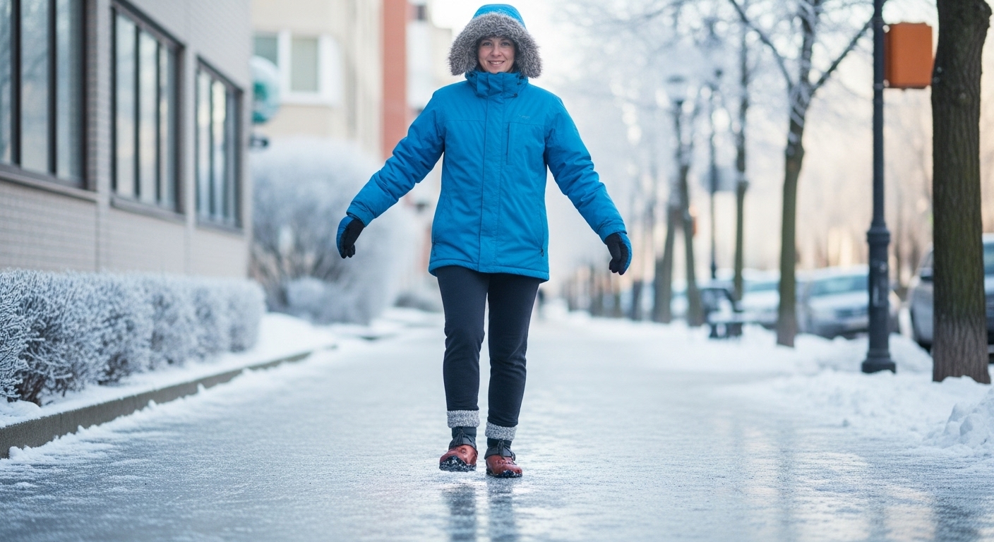 빙판길에서 올바른 자세(보폭 줄이기, 팔 벌리기)로 안전하게 걷는 사람의 모습.