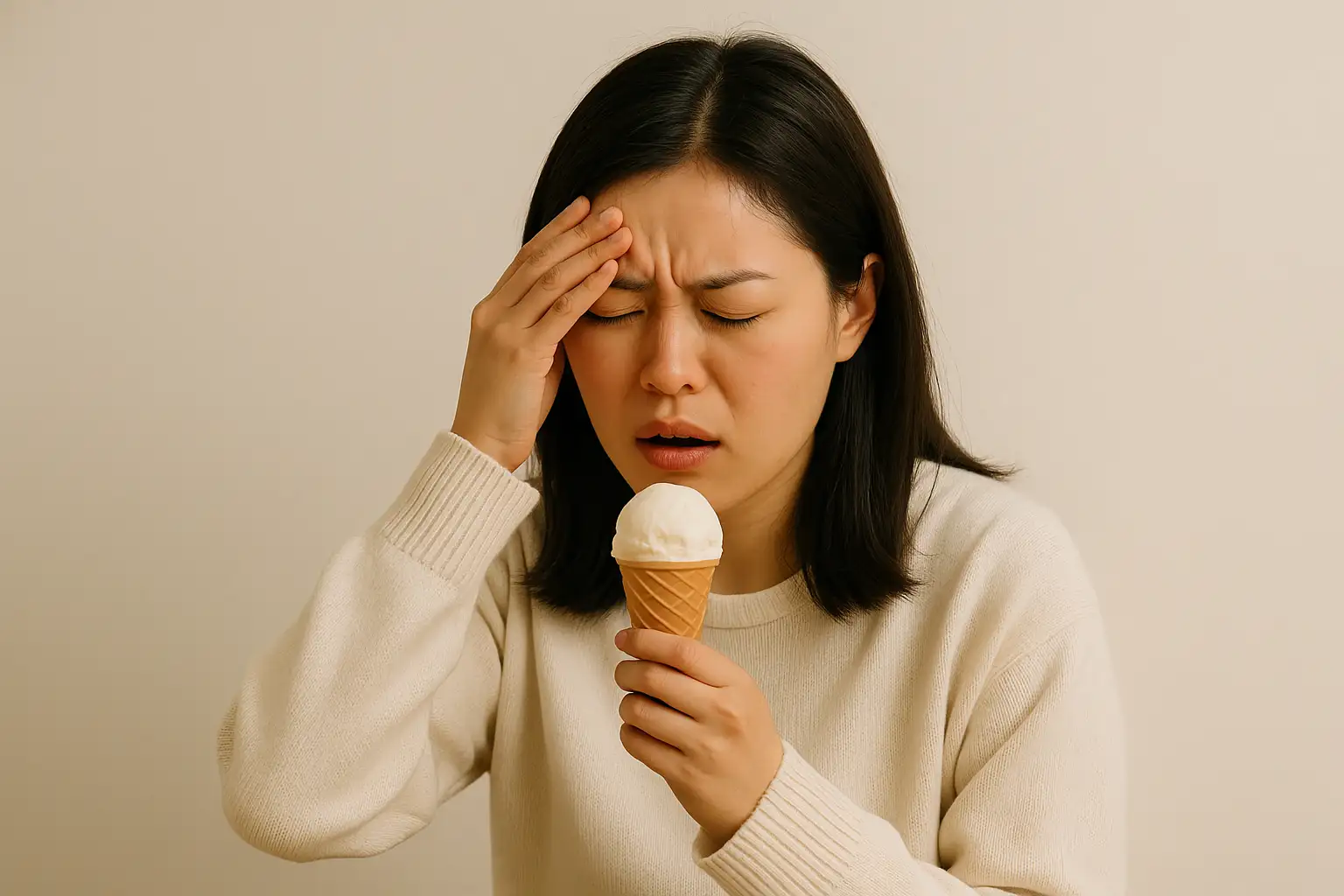 차가운-아이스크림을-먹은-후-순간적으로-머리를-잡으며-통증을-느끼는-여성의-표정을-통해-브레인-프리즈-현상을-표현한-이미지