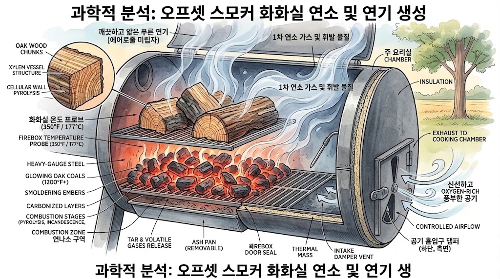 훈연 그릴 내부에서 연소 중인 참나무 차콜과 훈연 청크의 단면 구조
