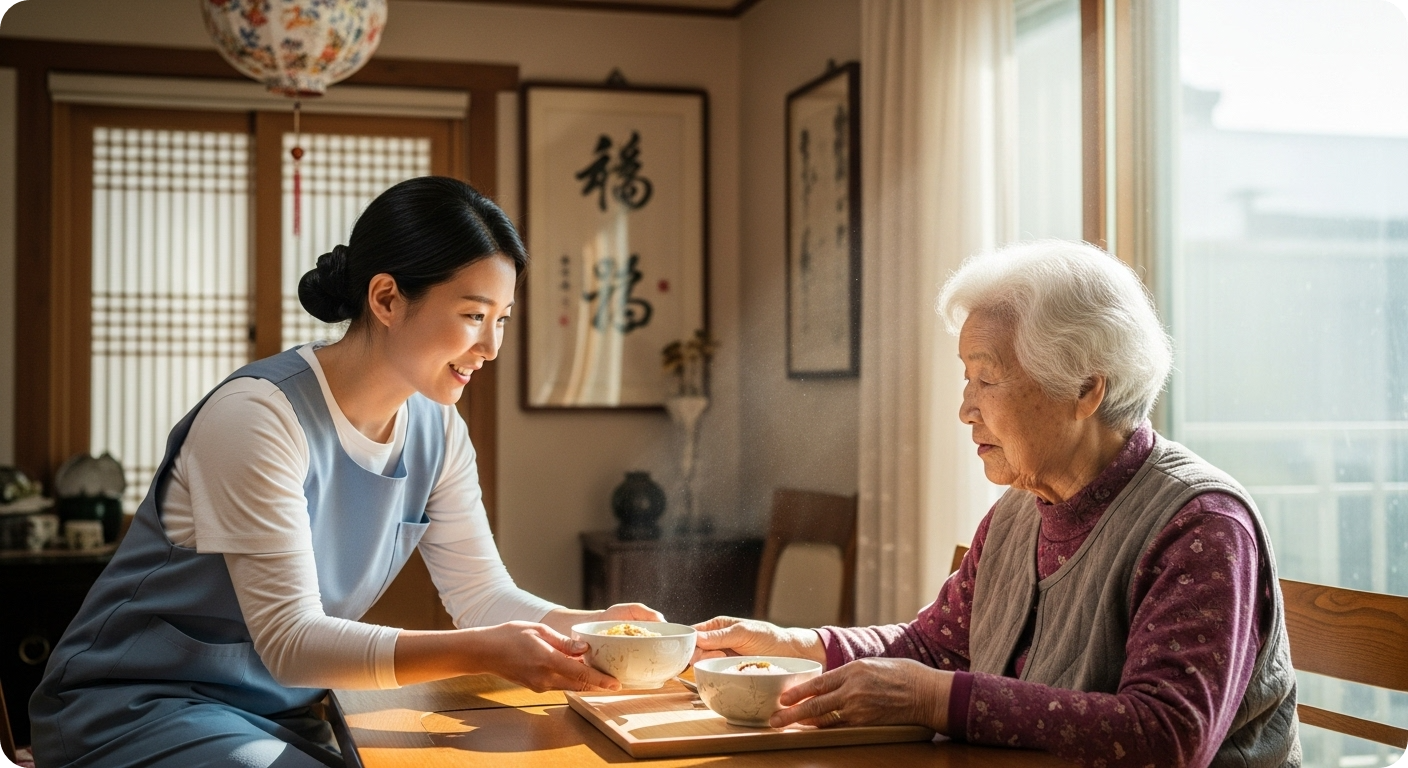 노인장기요양보험 및 맞춤돌봄서비스 등 의료와 돌봄 혜택을 표현하는 한국인 돌봄 전문가와 어르신.