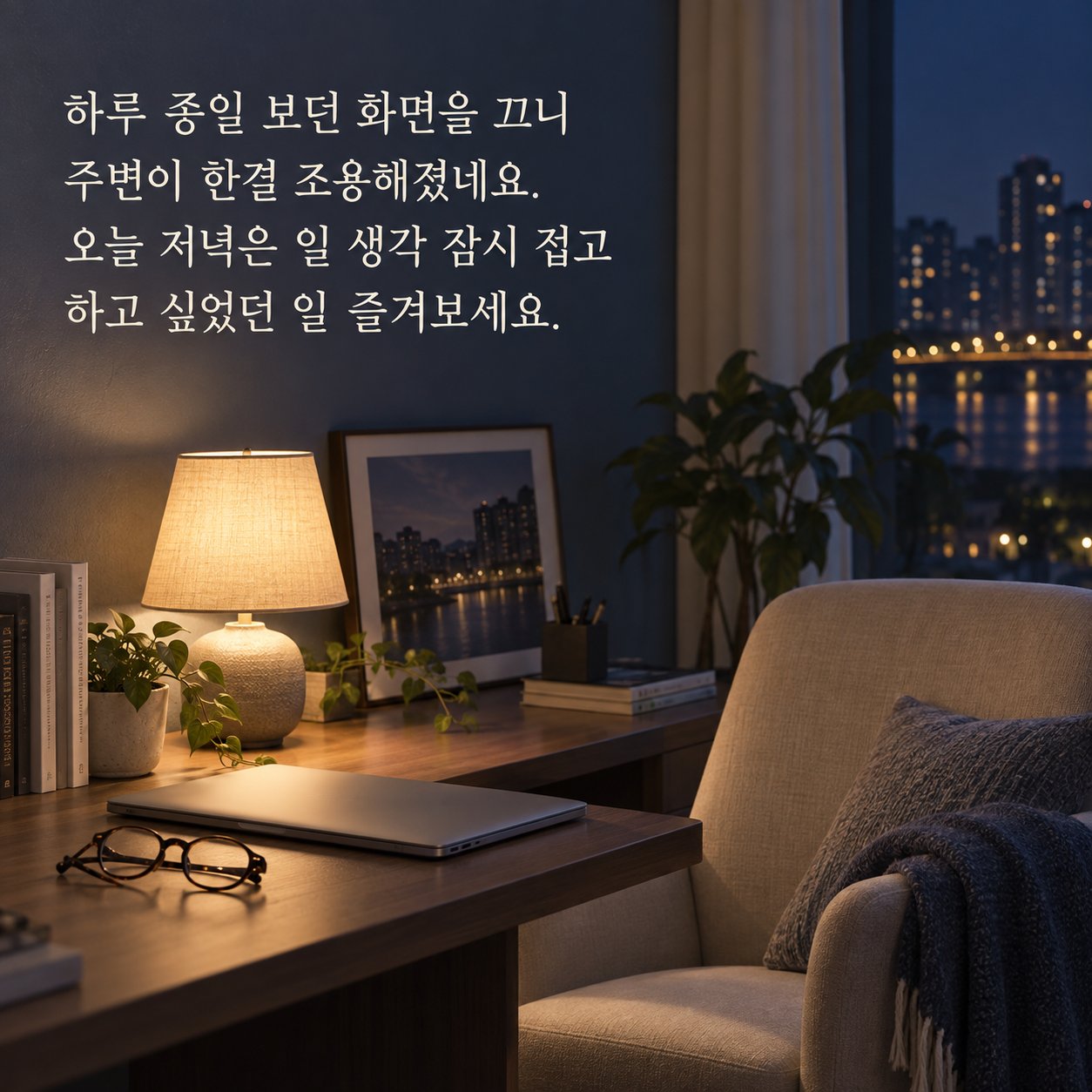 퇴근 후 쉬어가는 저녁 인사 이미지 4 — 하루 종일 보던 화면을 끄니 주변이 한결 조용해졌네요. 오늘 저녁은 일 생각 잠시 접고 하고 싶었던 일 즐겨보세요.