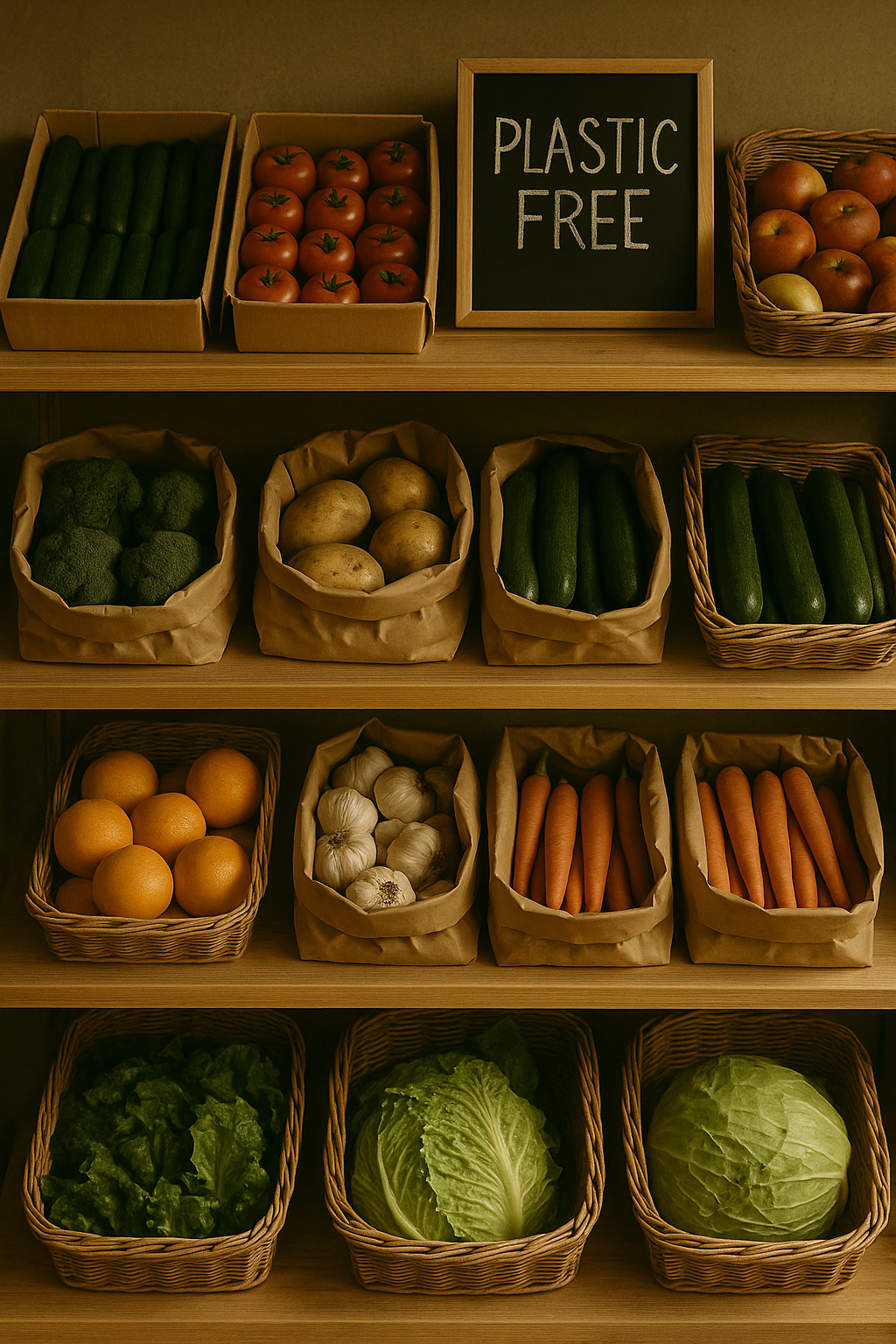 플라스틱 없이 포장된 친환경 마트 진열대