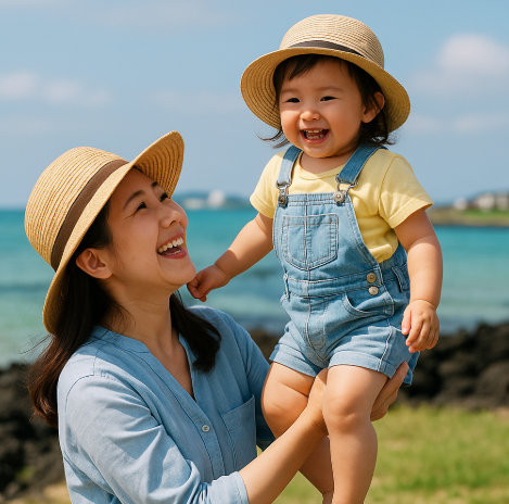 엄마와 아기가 함께 제주도 여행하면서 웃는 모습
