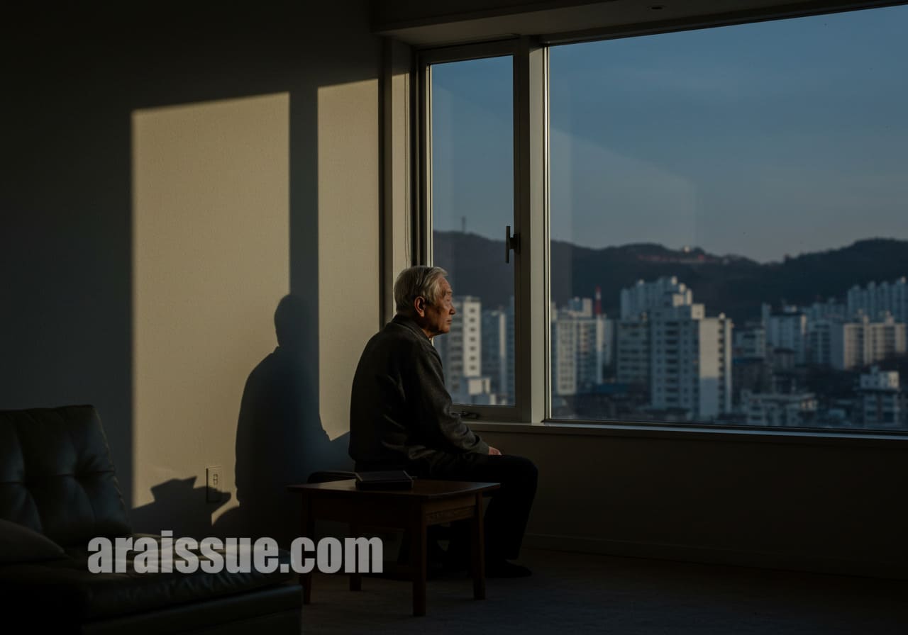 노인이 창밖을 멍하니 바라보며 어두운 실내에서 혼란스러운 표정을 짓고 있습니다. 창문에는 흐릿한 그림자와 빛의 대비가 상징적으로 나타납니다.