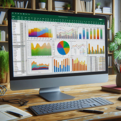 다채로운 차트와 데이터를 분석하는 두 개의 모니터가 보이는 책상.