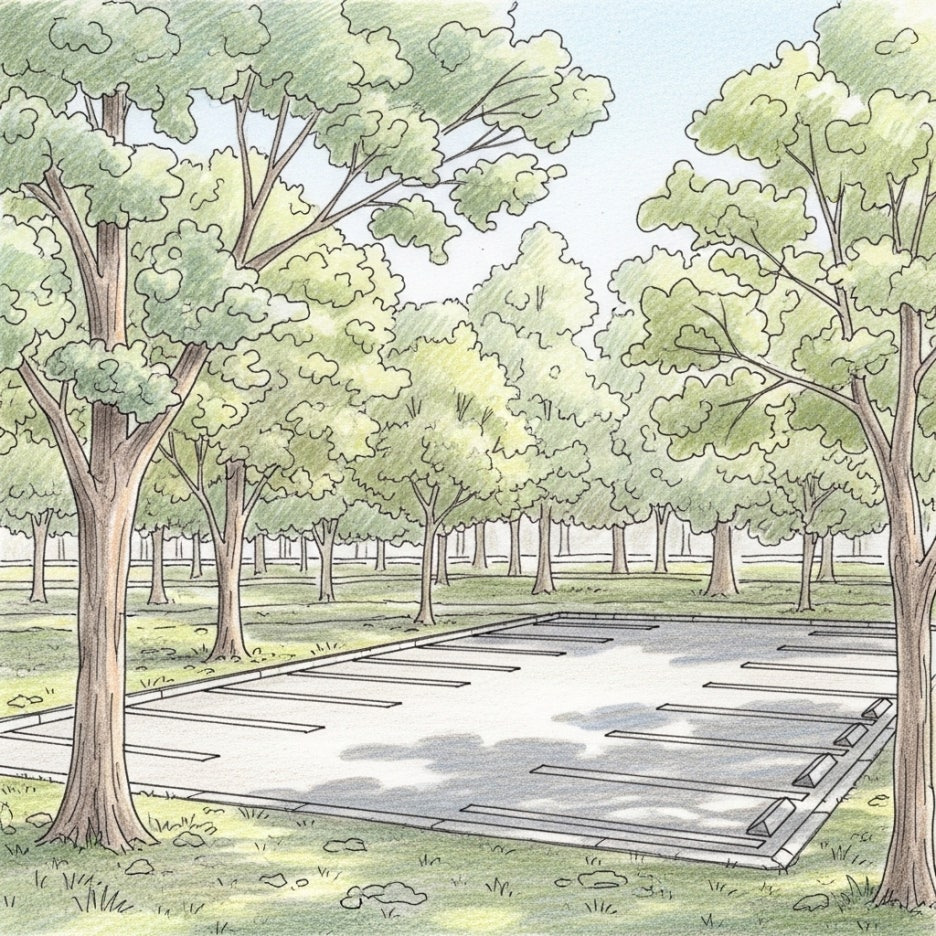 나무 사이로 정돈된 넓은 공원의 주차 공간