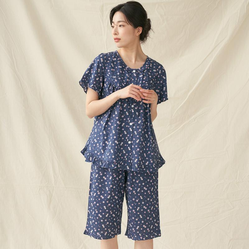 메이플라워 네이비샤론 순면 반팔 여성 잠옷 세트