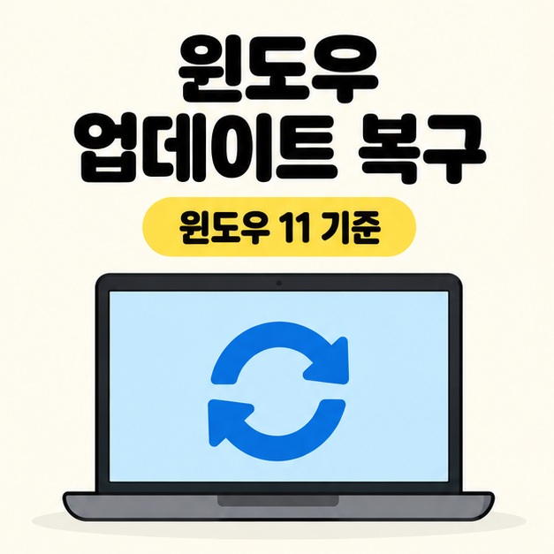 윈도우 업데이트 복구 제목과 윈도우 11 기준 문구 아래 파란 순환 화살표가 표시된 노트북을 배치한 대표 이미지