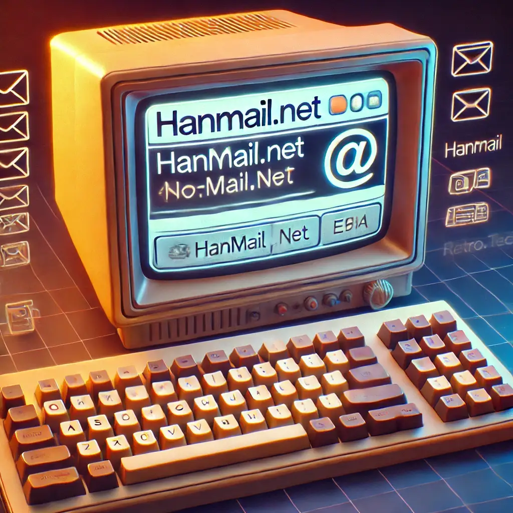 복고풍 CRT 모니터에 표시된 hanmail.net 이메일 인터페이스 3D 일러스트