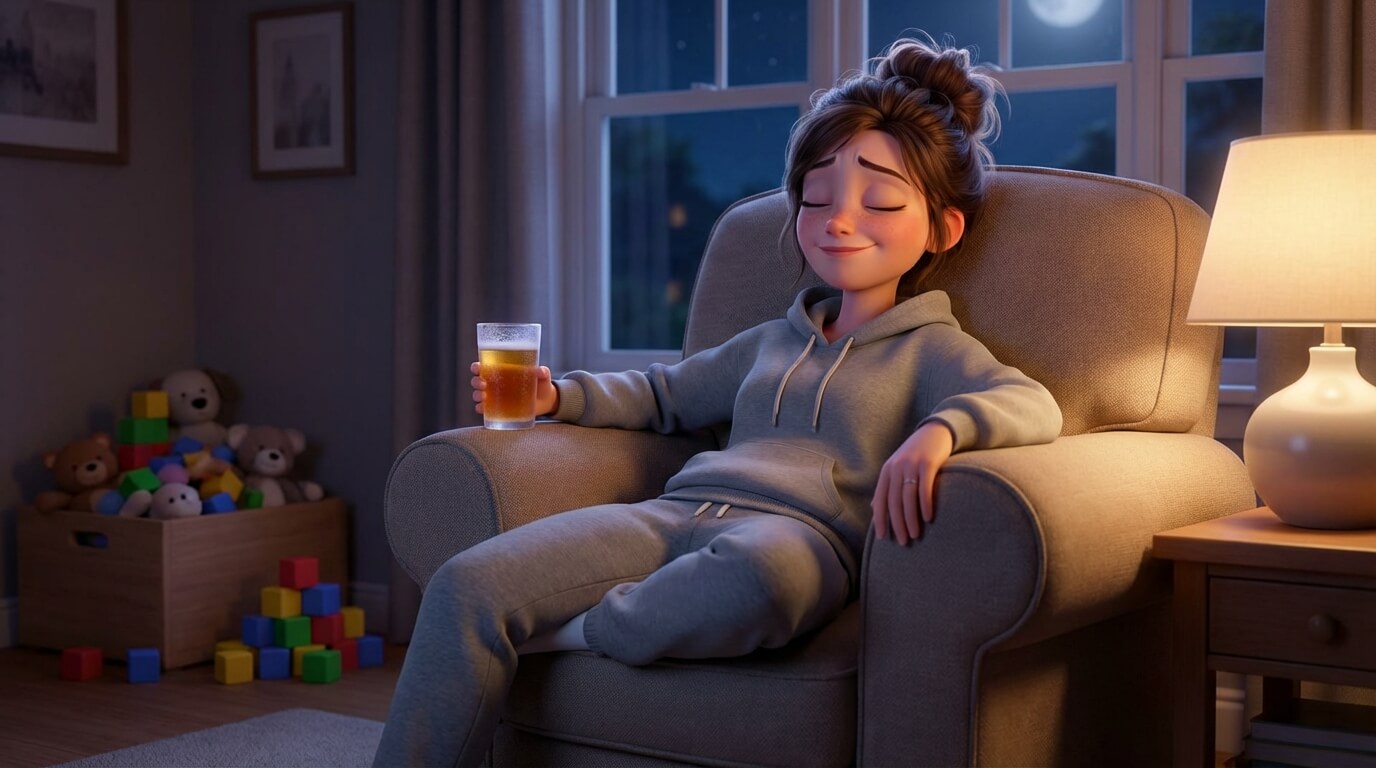 육아 퇴근 후 어두운 거실 소파에 앉아 맥주 한 잔과 함께 오롯이 자신만의 휴식 시간을 즐기는 3D 캐릭터 엄마의 편안한 모습.