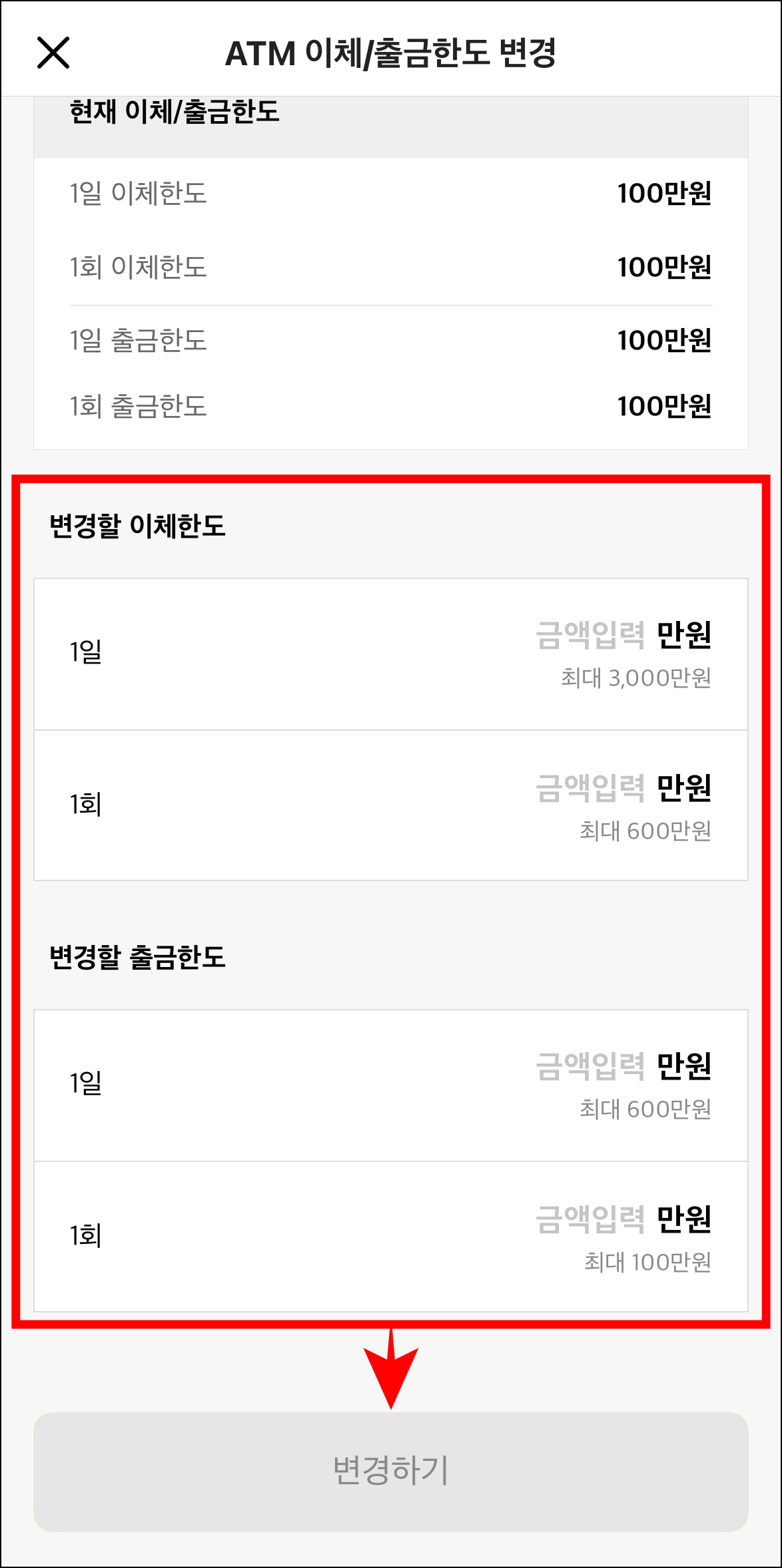 변경할 이체한도와 변경할 출금한도를 입력하고 '변경하기'를 선택