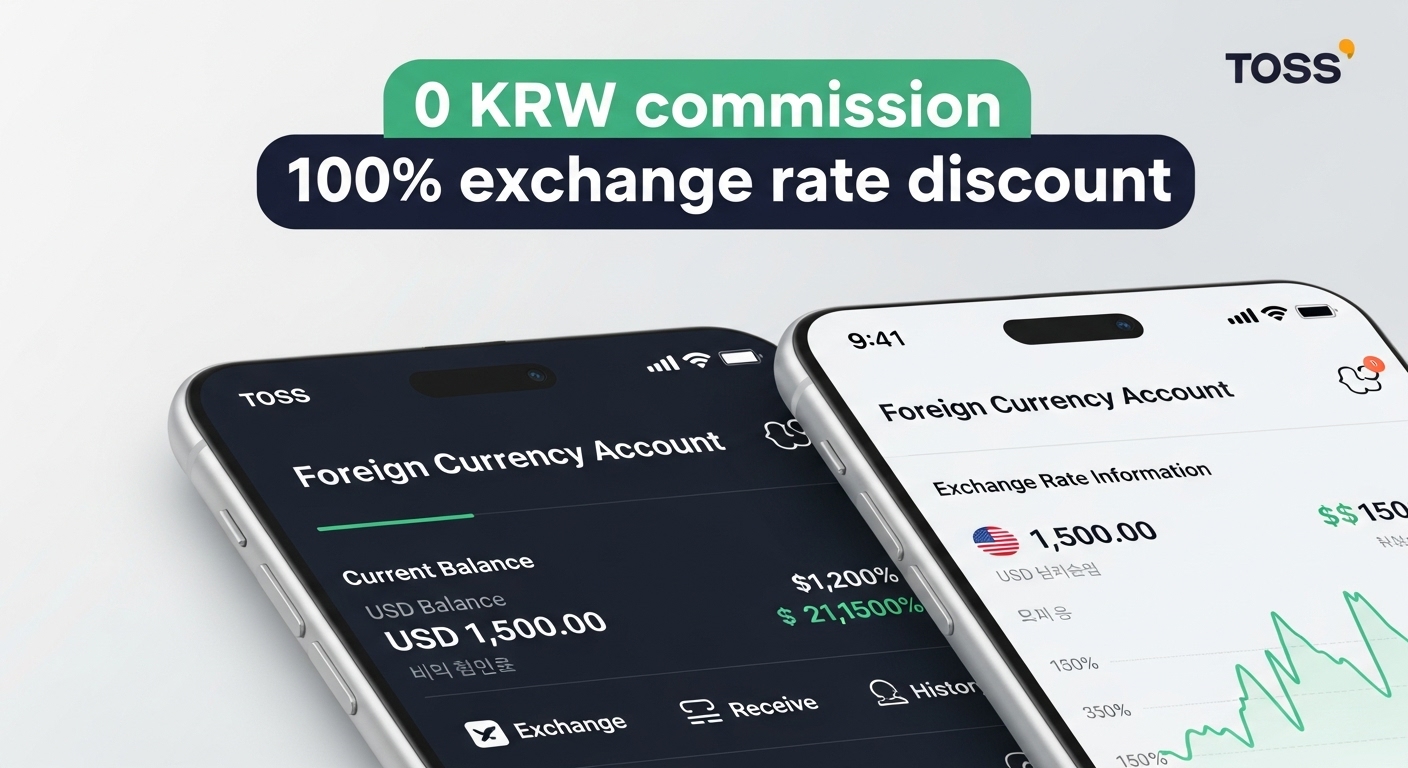 스마트폰 토스 앱의 외화 통장 화면 캡처. 수수료 0원이라고 강조된 부분