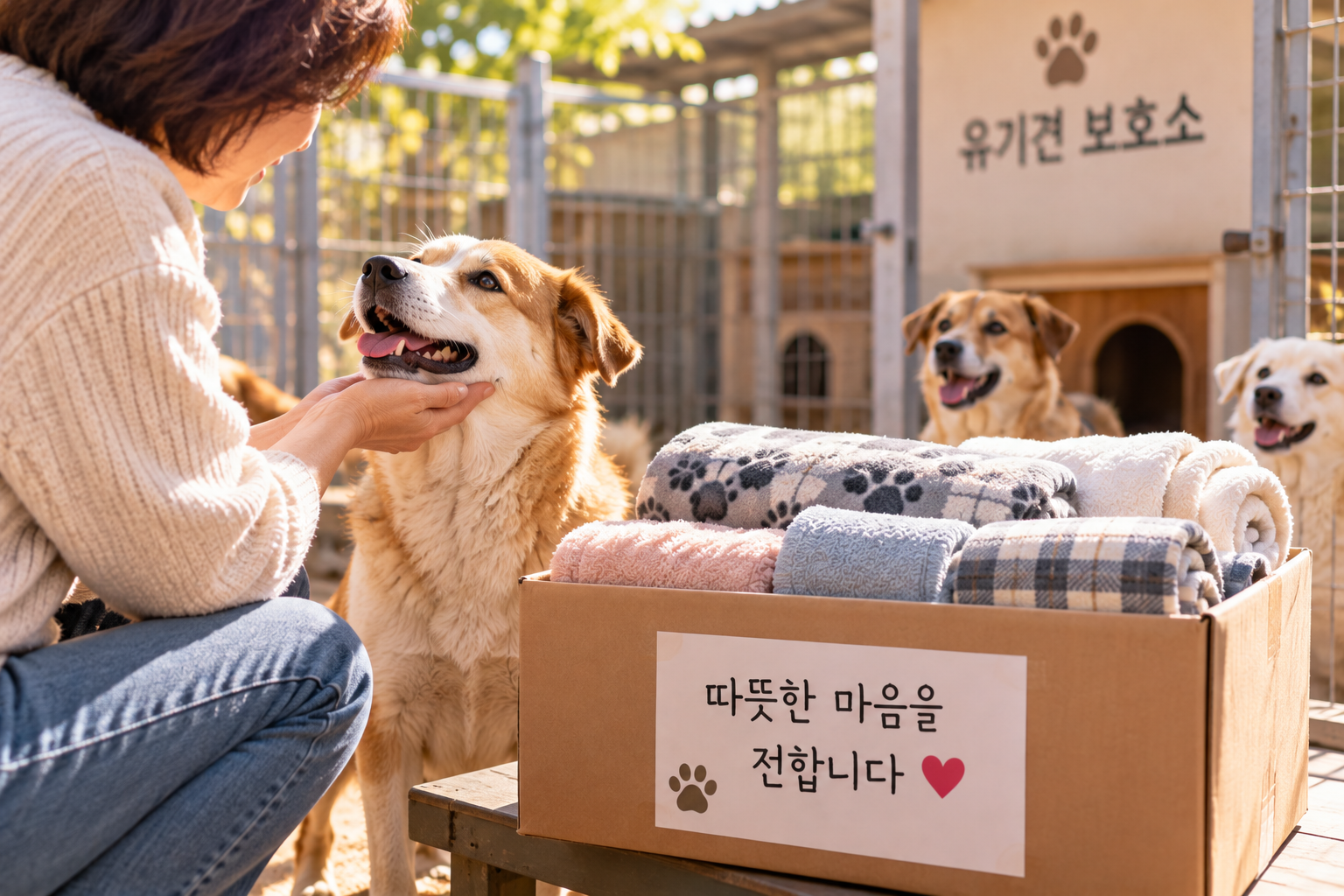 유기견 보호소에서 강아지를 돌보는 봉사자와 기부용 수건 및 담요가 담긴 상자