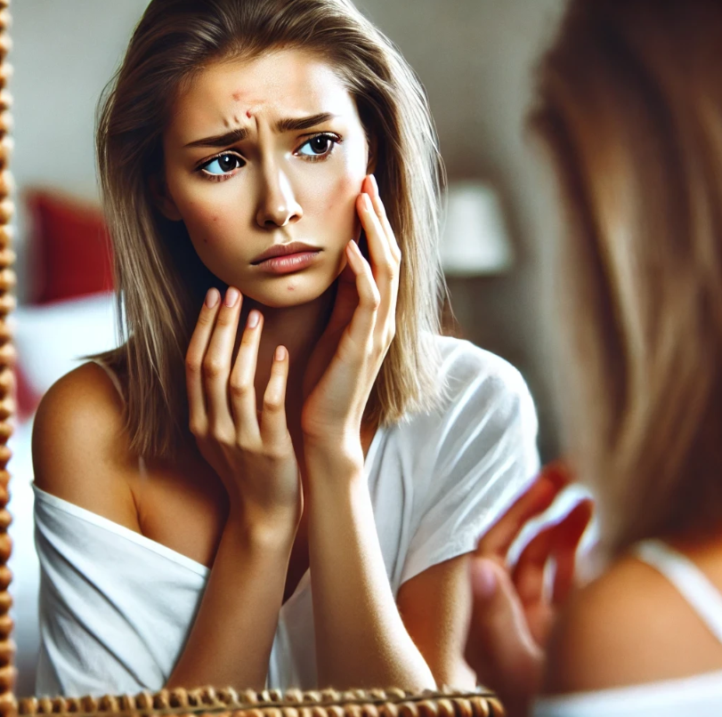 피부 트러블로 고민중이 여성