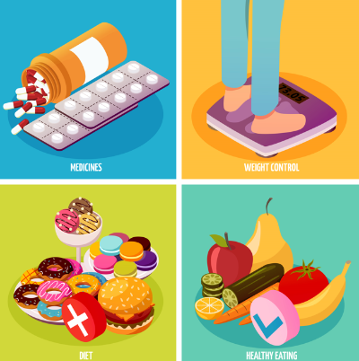 약 , 체중조절 , 다이어트 , 건강한 음식 을 그린 일러스트
