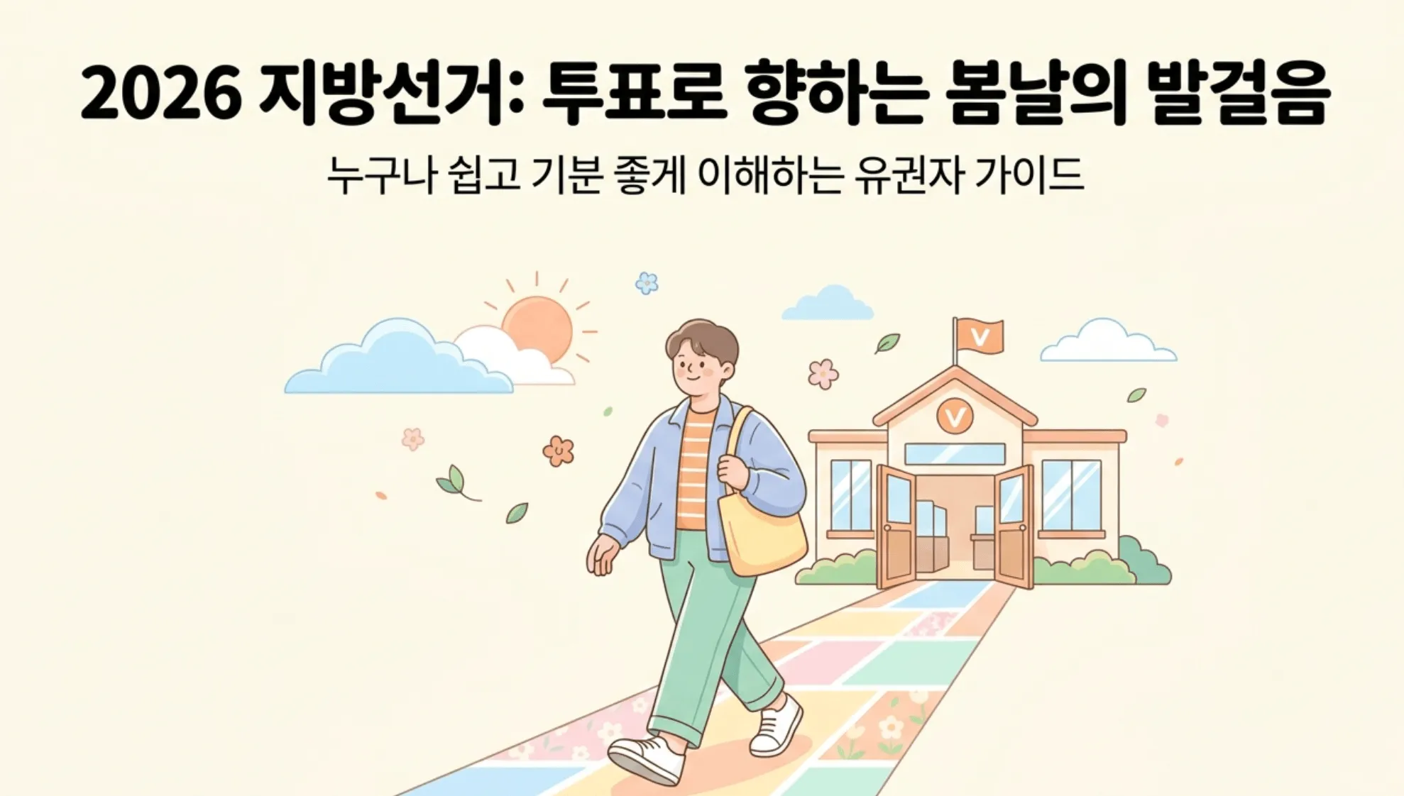 지방선거 투표 시간: 2026 지방선거 투표 안내 대표 이미지. 한 시민이 가방을 메고 투표소를 향해 걸어가는 일러스트로, 투표소 건물에 체크 표시가 그려져 있다. 이 글에서는 지방선거 투표 시간(오전 6시~오후 6시)과 사전투표 일정(5월 29~30일), 투표 신분증 종류, 모바일 신분증 사용 방법, 투표소 찾기, 선거일 유급휴가 및 휴일근로수당, 투표 절차와 투표용지 7장 분할 교부 방식까지 한눈에 정리한 유권자 가이드이다
