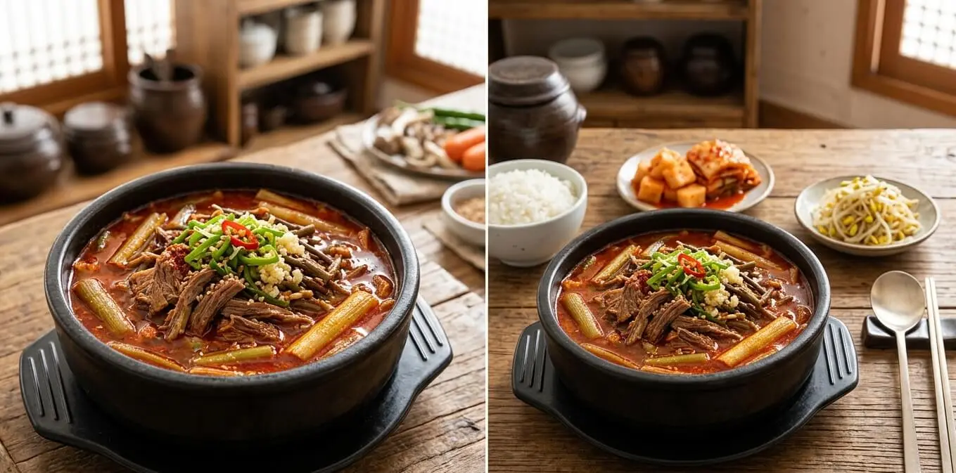 뚝배기에 삶은 양지를 쭉쭉 결대로 찢어 넣고 대파 흰부분을 뭉덩뭉덩 썰어 넣오 끓인 육개장 밥상이면 여름도 겨울도 덥지도 춥지도 않습니다.