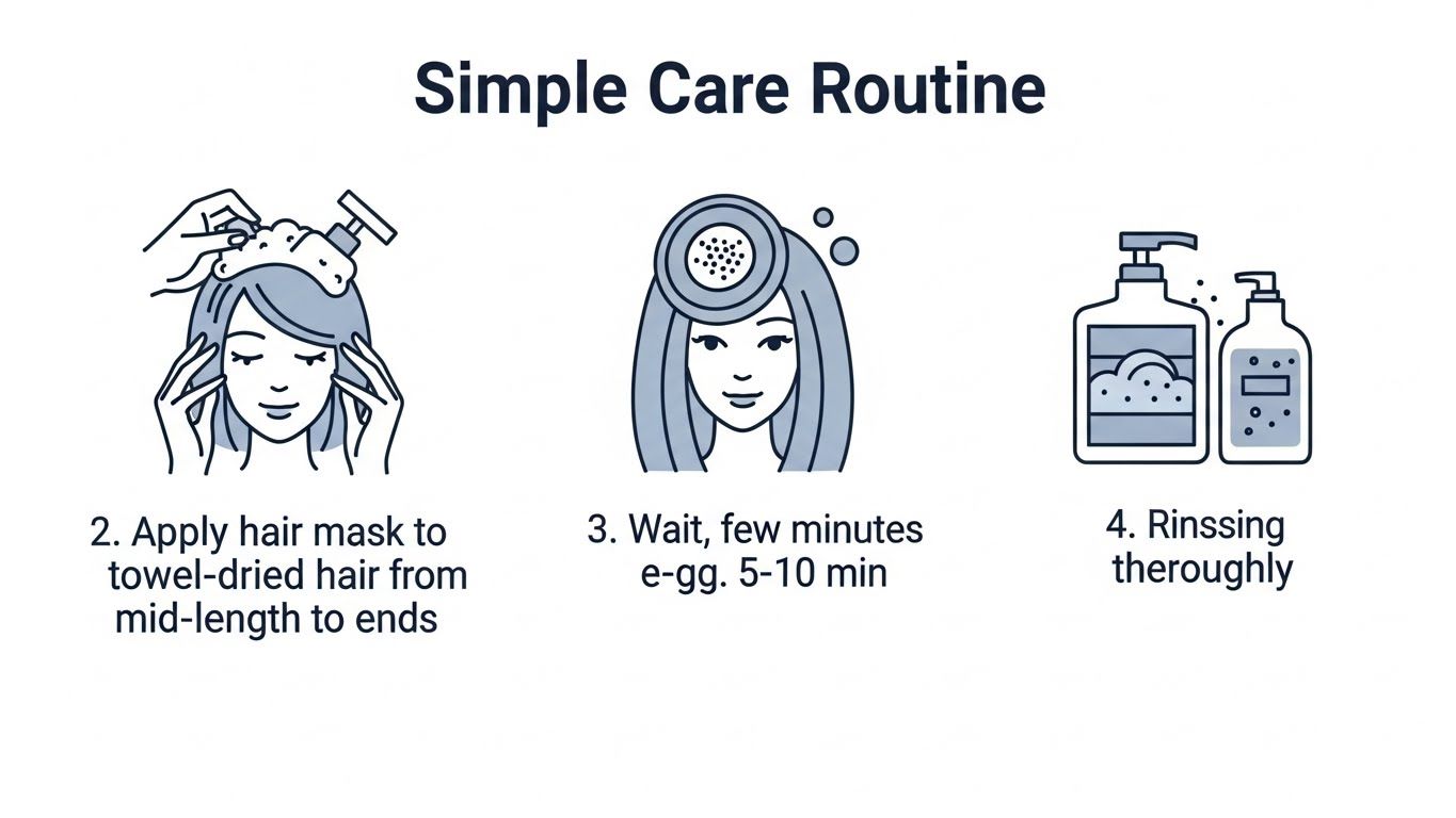 간단한 헤어 케어 루틴을 설명하는 시각적 가이드: 1. 샴푸하기. 2. 수건으로 말린 머리에 중간 길이부터 끝까지 헤어 마스크를 바릅니다.