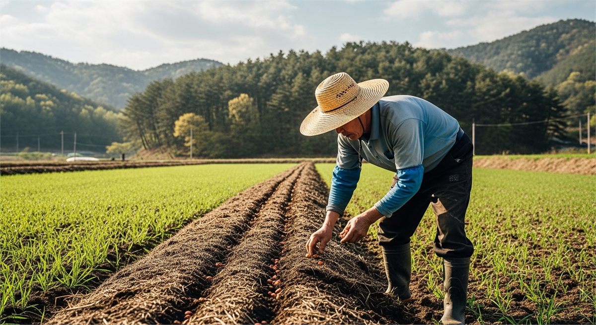 비닐 덮인 밭에 땅콩을 심는 한국인 농부의 모습