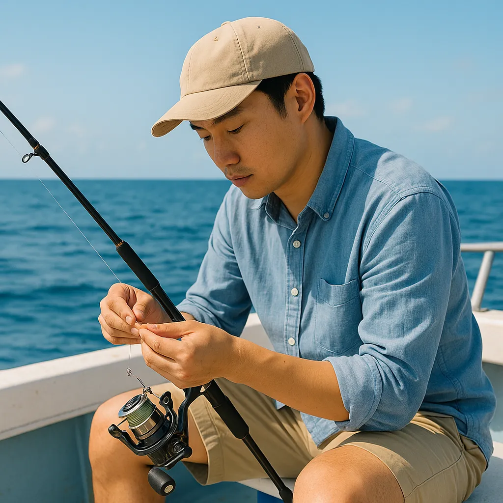 보트 위에서 미끼를 준비하는 남성
