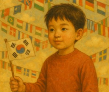 만국기를 배경으로 소년이 작은 태극기를 들고 있는 장면