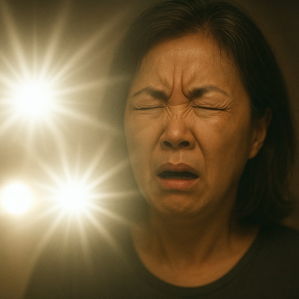 조명에 눈이 부셔서 눈을 감은 주부