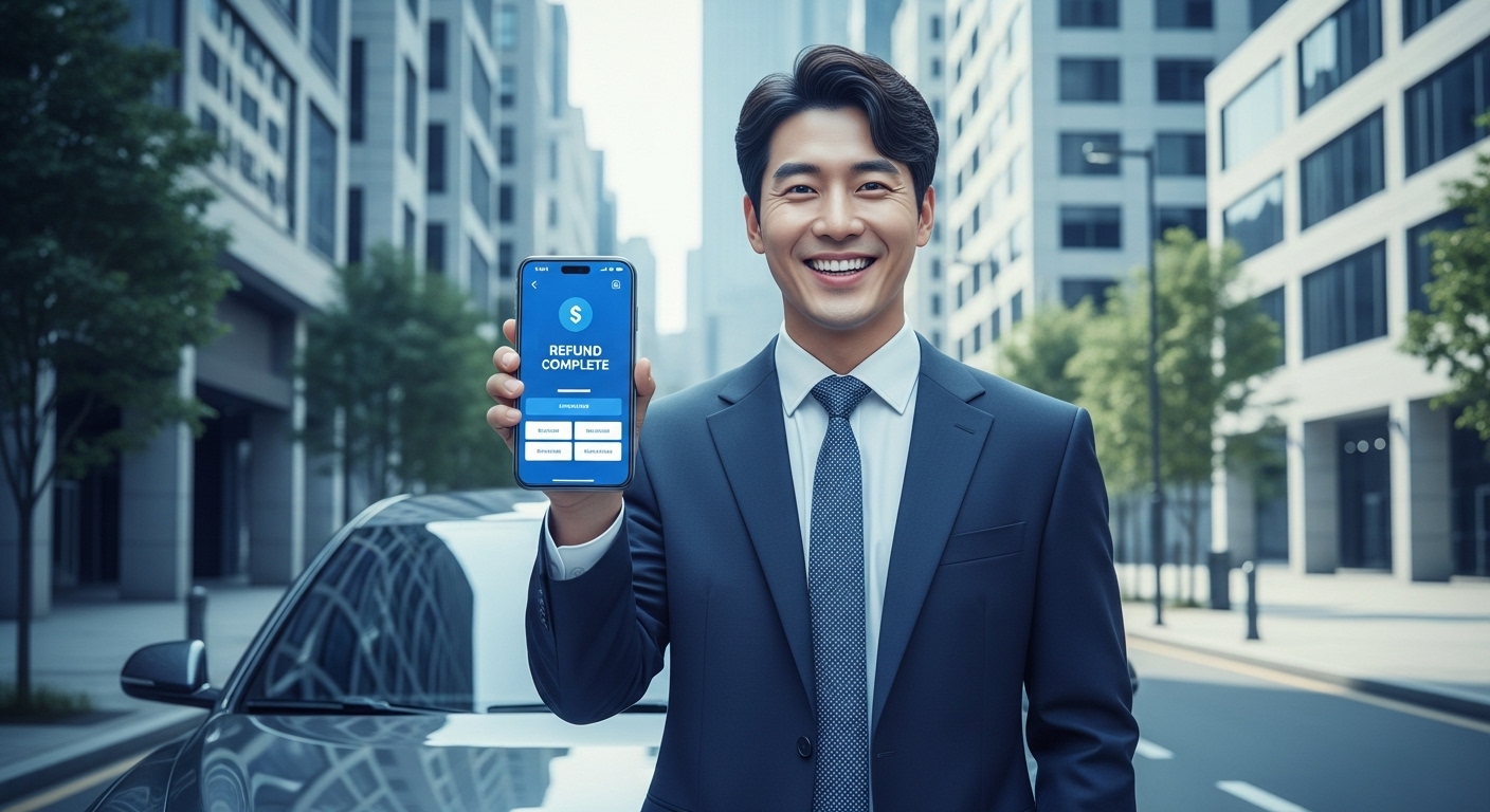 행복하게 웃으며 스마트폰으로 자동차세 환급 완료 화면을 확인하는 한국인 남성
