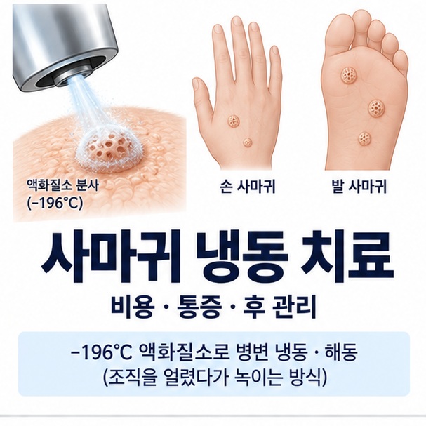 사마귀 냉동 치료 비용 통증 후 관리와 액화질소 치료 원리를 한눈에 보여주는 의료 교육용 이미지