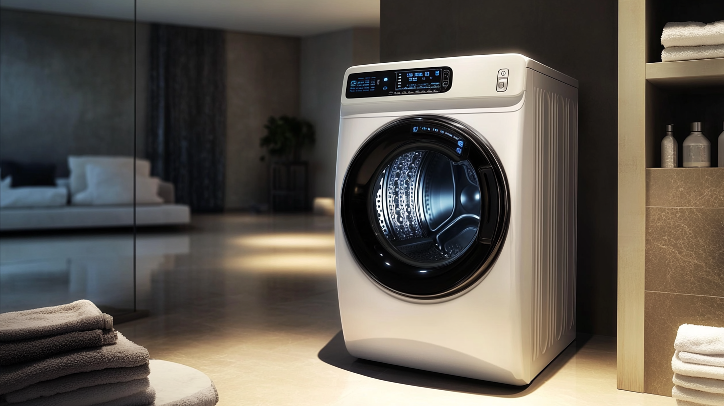 현대적인 세탁실에 배치된 세련된 설계의 삼성 비스포크 그랑데 AI 세탁기, 직관적인 조작 패널을 강조