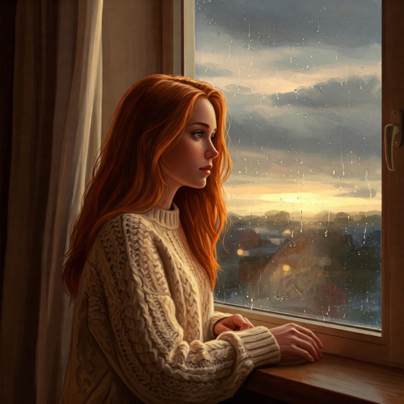 따뜻한 색감의 유화 그림. 비가 내리는 창가에 한 여성이 앉아 먼 하늘을 바라보고 있다. 포근하고 아련한 분위기가 느껴진다.