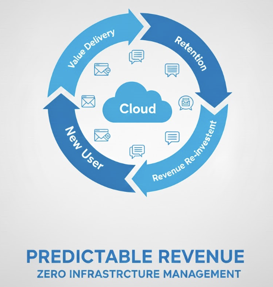 클라우드 기반의 SaaS 비즈니스 모델이 구독 수익을 창출하고, 고객 활동 데이터를 분석하여 서비스를 고도화하며 글로벌 시장으로 무한 확장하는 성장 메커니즘 인포그래픽 이미지