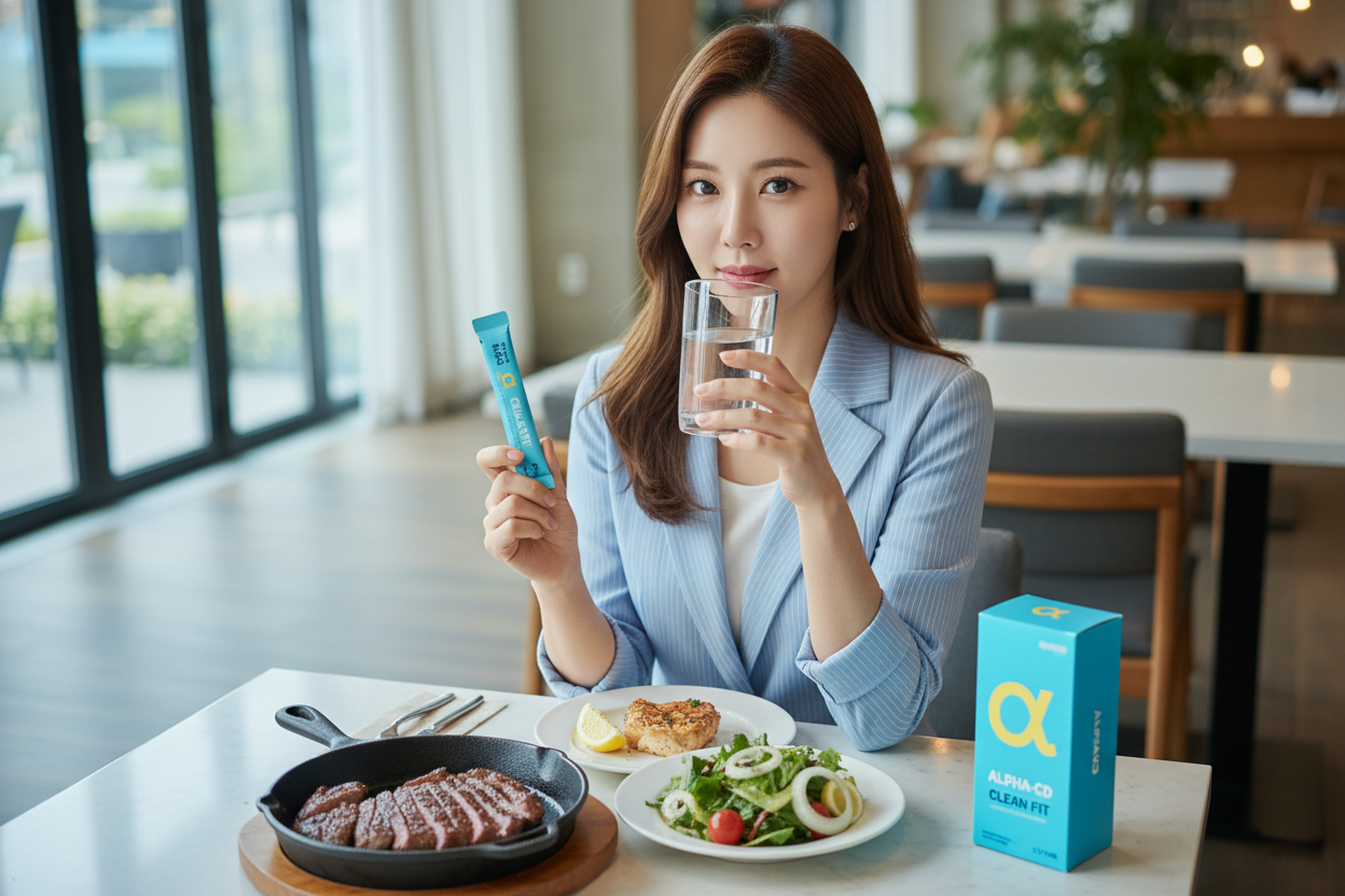 한국인 소비자가 기름진 식사 후 물과 함께 알파CD 클린 핏 스틱을 섭취하는 장면을 단계별로 보여주는 사용 방법 안내 이미지