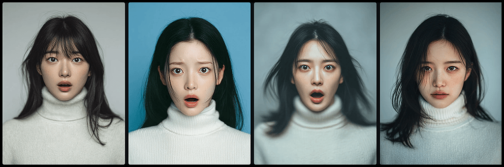 Midjourney 이미지 레퍼런스 실험, 인물 고정 없이 생성된 갑작스러운 놀람과 두려움 표정의 여성 이미지_Midjourney