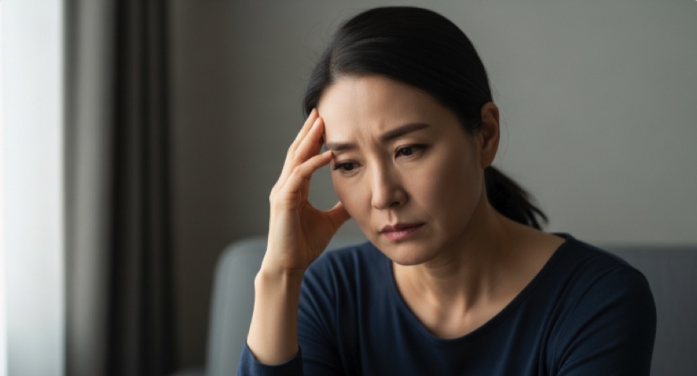 갱년기로 인해 피로와 감정 변화를 느끼는 중년 여성