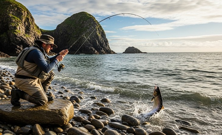 낚시중 물고기를 랜딩하는 사진
