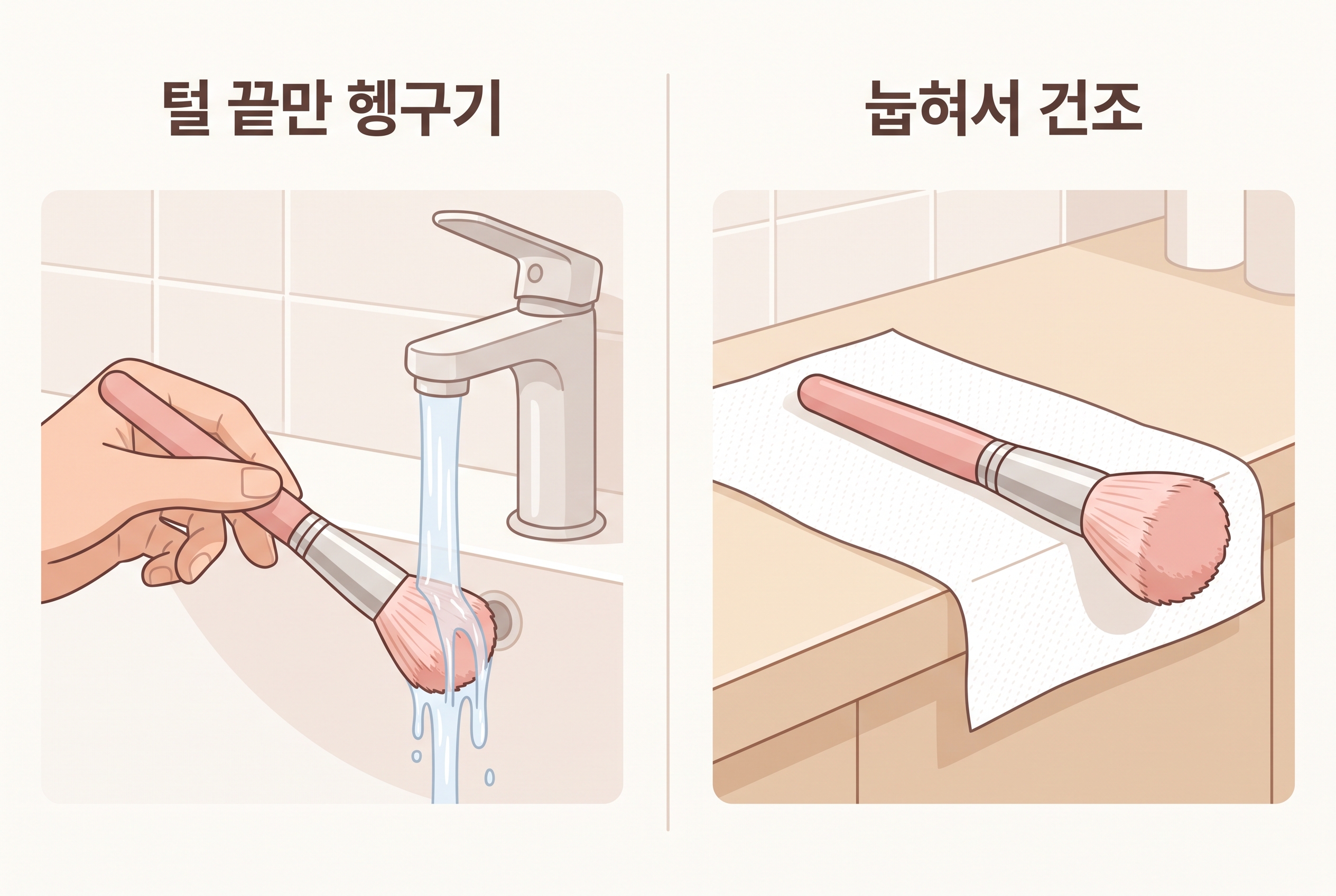 모 끝만 헹구고 브러시를 수평으로 눕혀 건조하는 설명용 삽화