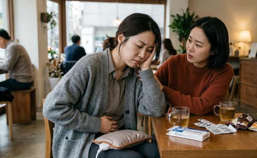 친구가 생리통이 있어서 걱정을 하고 있는 모습