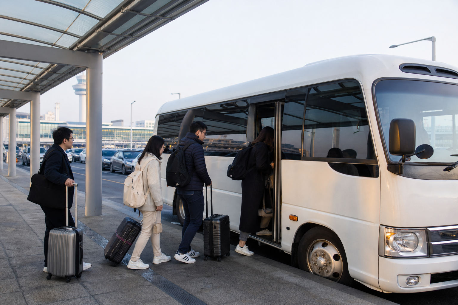 인천공항 장기주차장에서 무료 셔틀버스에 탑승하는 여행객