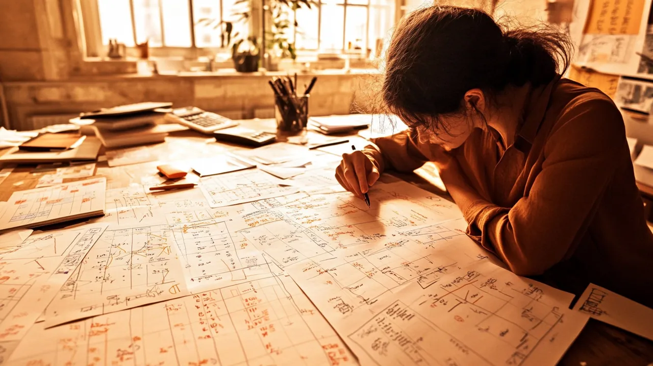 재정 계획에 몰두하며 기록 및 상세 차트가 둘러싸고 있는 한 개인의 모습입니다. 진지하고 집중된 분위기가 만들어져 효과적인 계획 수립의 성찰적인 측면이 강조됩니다.