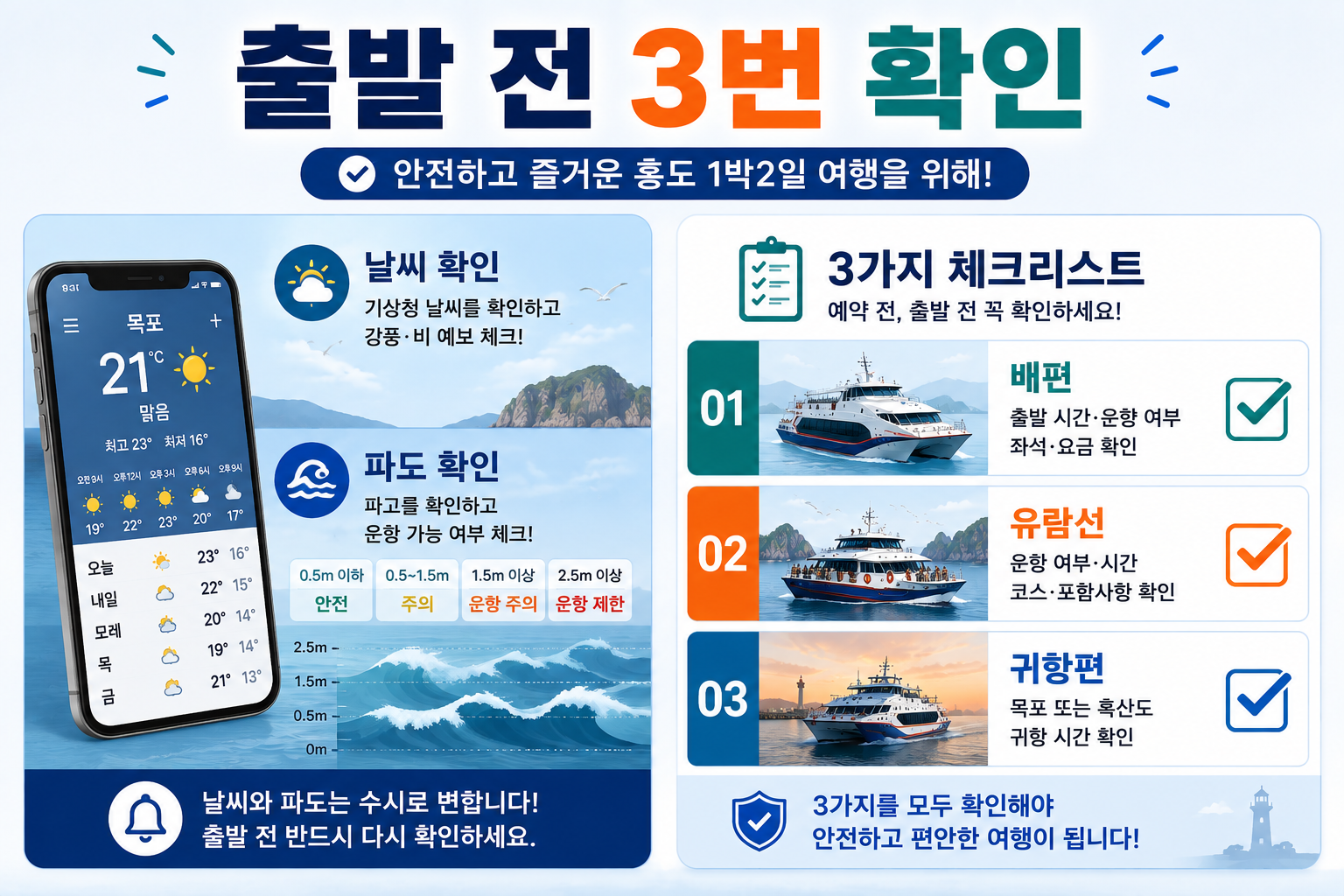 홍도 여행 전 여객선 유람선 귀항편의 운항 여부를 확인하는 체크리스트