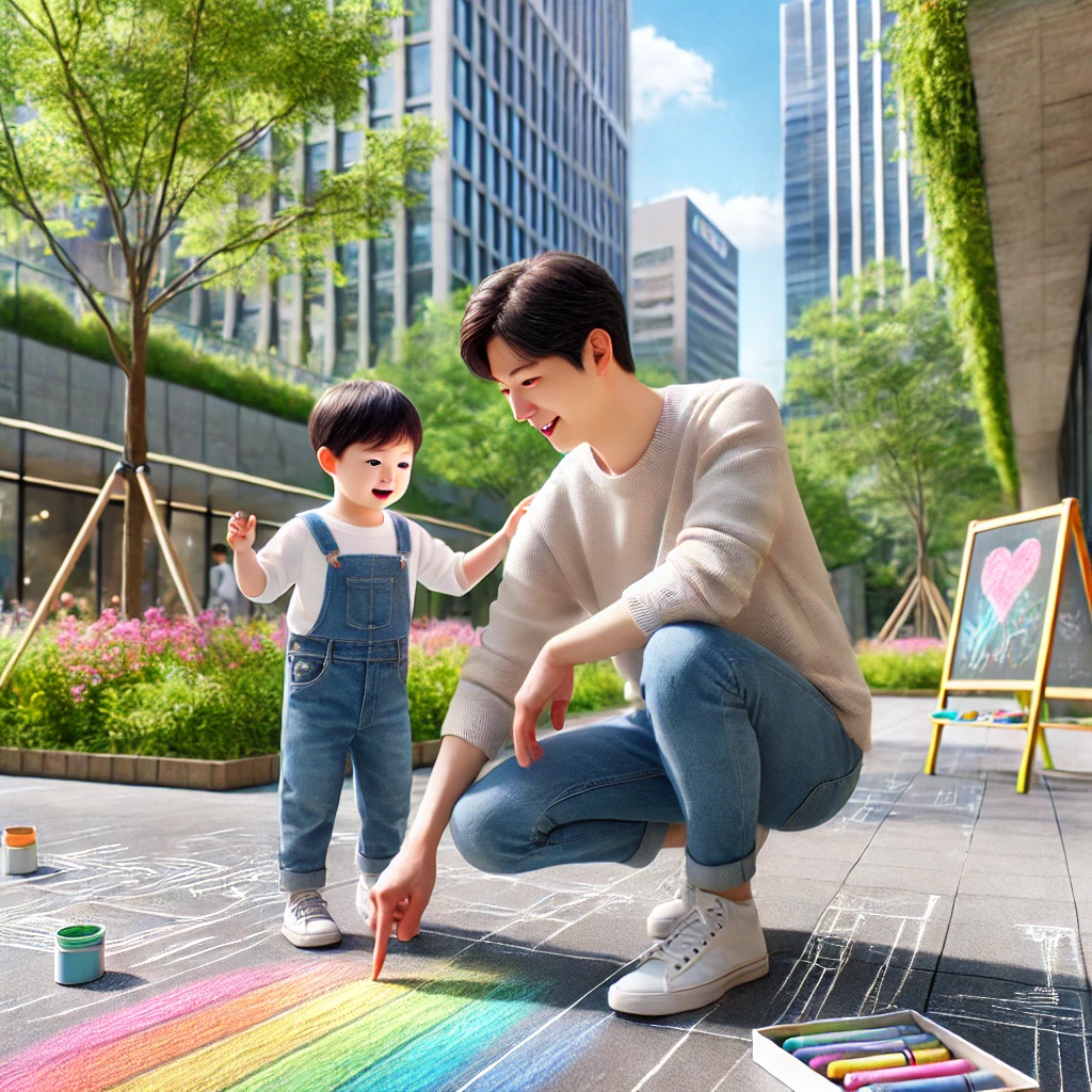 부모와 자녀가 공원에서 컬러풀한 분필로 바닥에 그림을 그리며 자신을 표현하는 장면. 자연광 속에서 밝고 즐거운 분위기