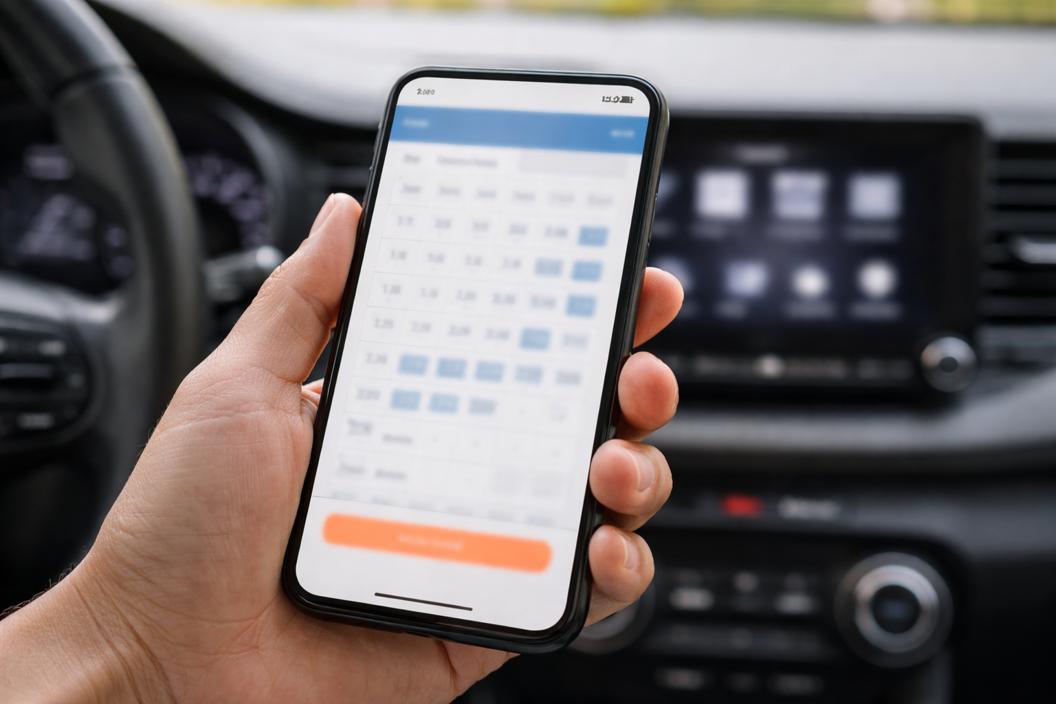 차 안에서 스마트폰으로 검사 예약 화면을 확인하는 손