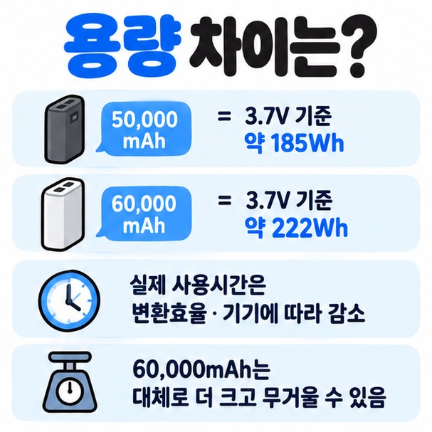 50000mAh와 60000mAh의 용량 차이 3.7V 기준 185Wh 222Wh 휴대성과 용도를 비교한 이미지