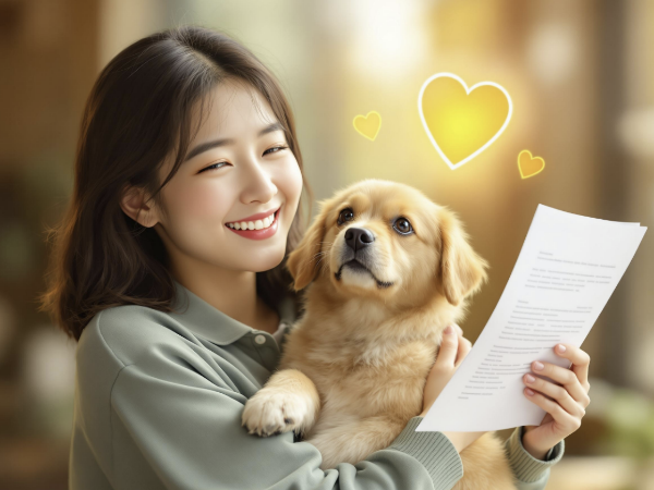 한국 여성이 강아지를 안고 보험을 비교해보는 모습의 이미지