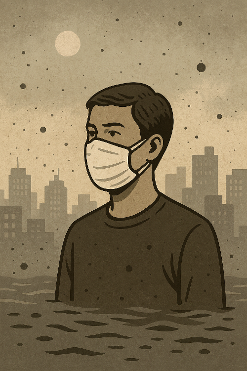 뿌연 스모그로 뒤덮인 도시 배경 속에서 마스크를 착용한 남성이 서 있는 디지털 일러스트.