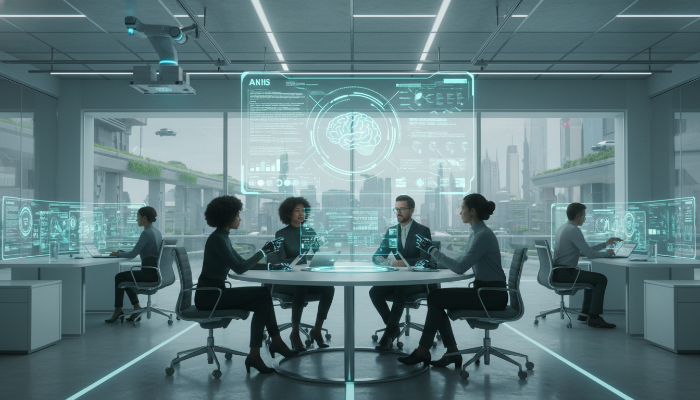 2025년 미래의 사무실에서 인간 전문가들이 홀로그램 AI 인터페이스와 협업하는 혁신적인 모습